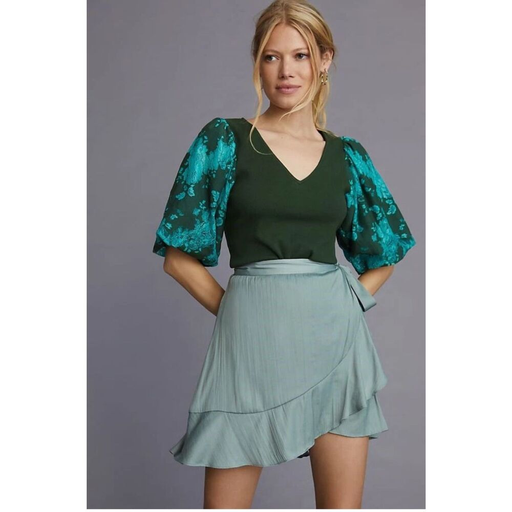 NWOT Anthropologie Dolan Womens V-neck Lace Puff Sleeve Top Holly Green Large - Picture 1 of 15